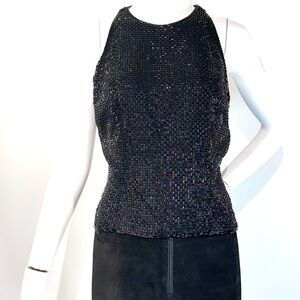 BLACK TIE Oleg Cassini Elegant Beaded 100% Silk Black Sleeveless Top Size:6